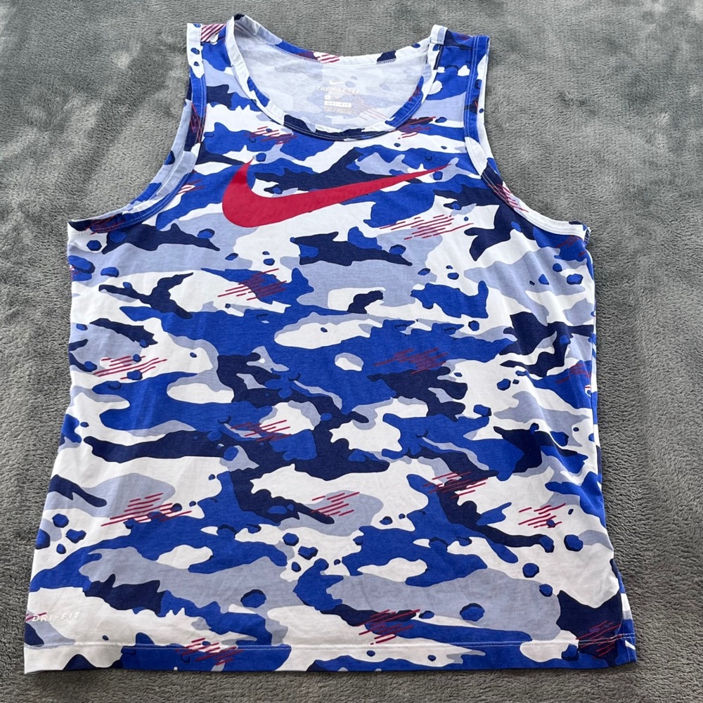 Nike Mens Dri-FIT Camo Tank Top Blue White Red Swoosh BQ1844-442 Size L